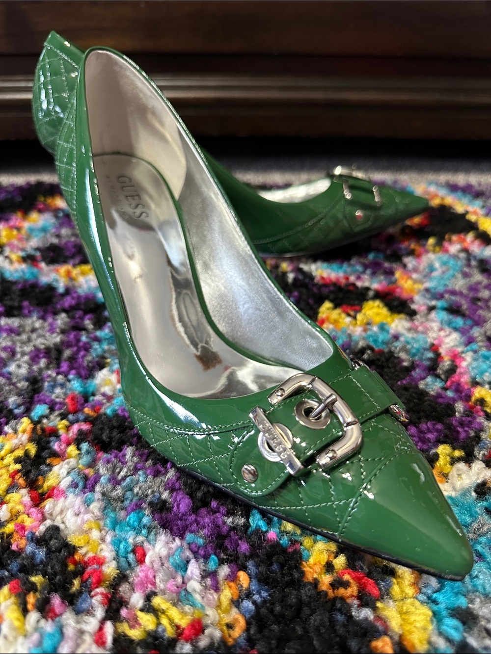 GUESS Green Patent Pointed-Toe Pumps with Silver Buckle NWOT